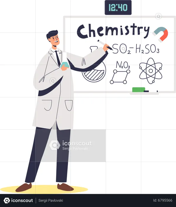 Profesor de química explicando la lección de ciencias  Ilustración