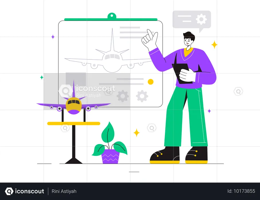 Profesor explicando la tecnología aeronáutica  Ilustración