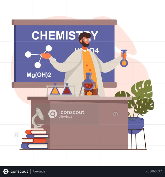 Profesor haciendo pruebas en el laboratorio de química  Ilustración