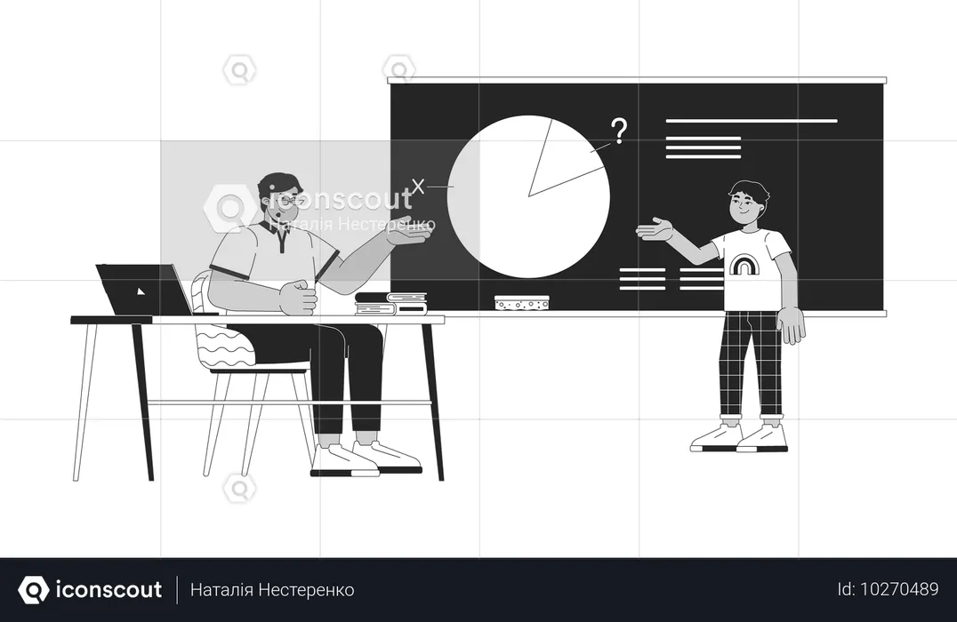 Profesora árabe y pequeño estudiante resuelven juntos una tarea de matemáticas  Ilustración