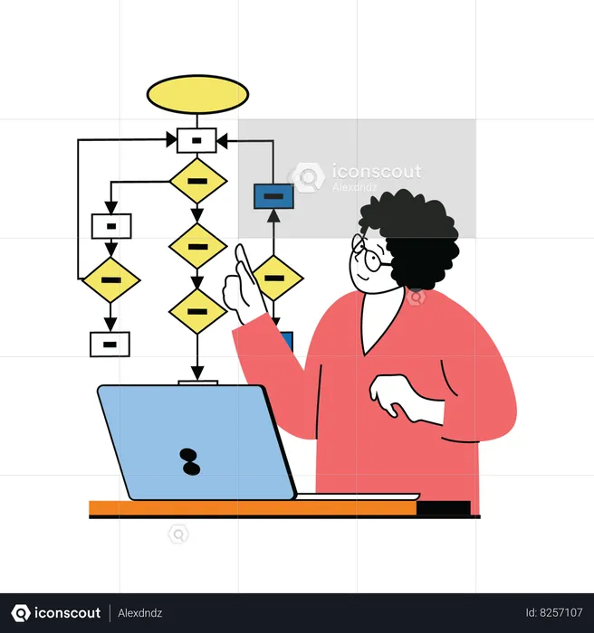 Professeur dirigeant une classe en ligne et un sujet d'enseignement à l'aide d'un diagramme  Illustration