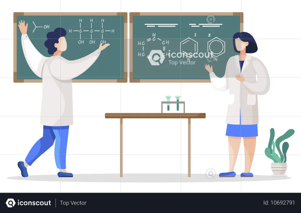 Professeur et chimiste écrivant une formule chimique  Illustration