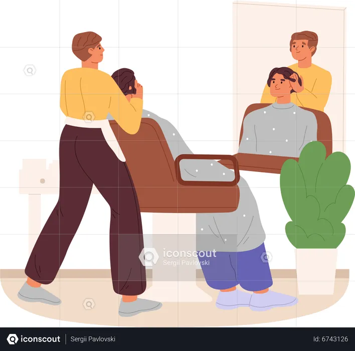 Professional barber doing hairdo to male client in barbershop  Illustration