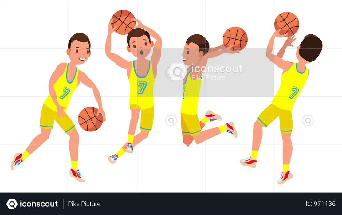 Professional Basketball Player Vector. Yellow Uniform. Playing With A Ball. Healthy Lifestyle. Team Action Stickers.Isolated On White Cartoon Character Illustration  Illustration