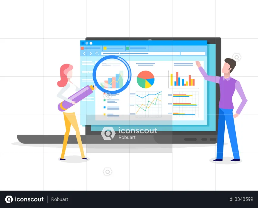 Professional business man and woman analyzing business growth on data presentation  Illustration