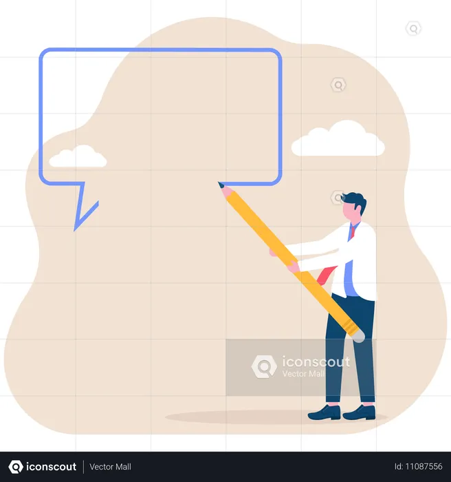 연필을 사용하여 연설 거품을 그리는 전문 사업가  일러스트레이션