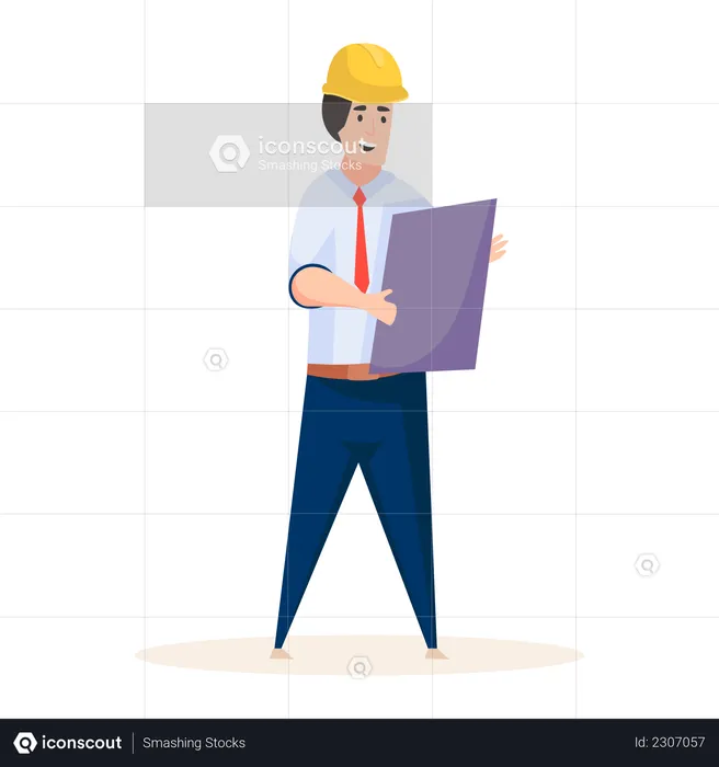 Professional civil engineer holding building plan in his hand  Illustration