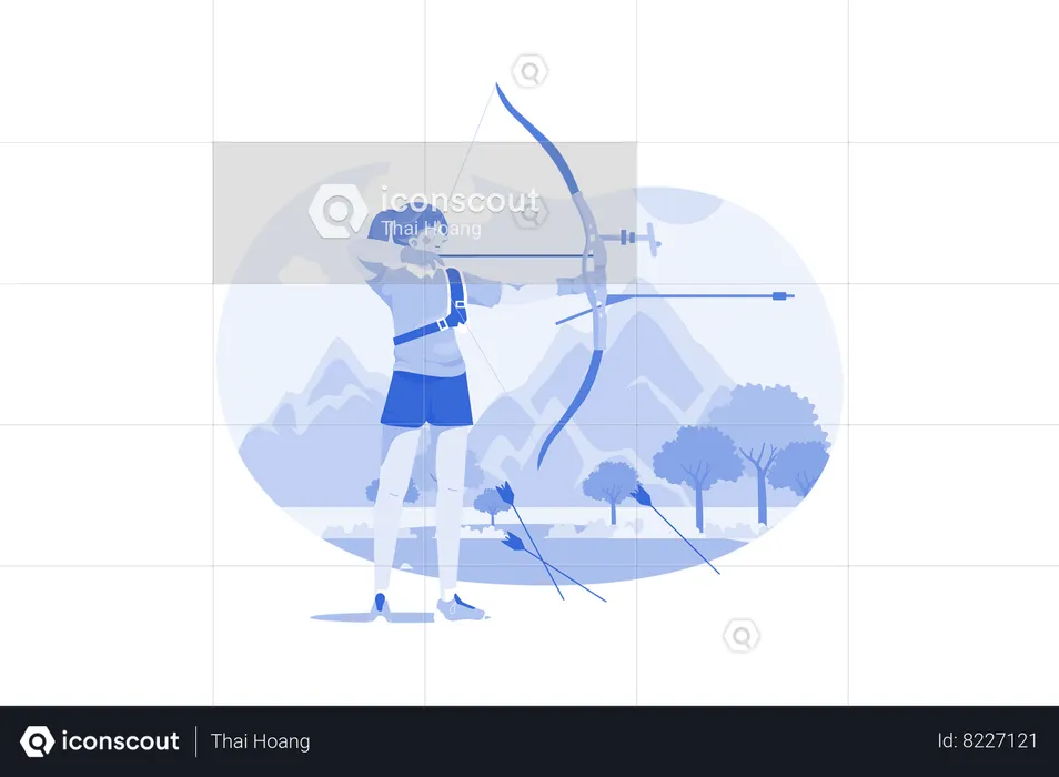 Professional female archer shooting using bow  Illustration