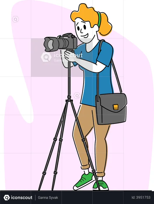 Professional Female Photographer with Photo Camera on Tripod Making Picture  Illustration