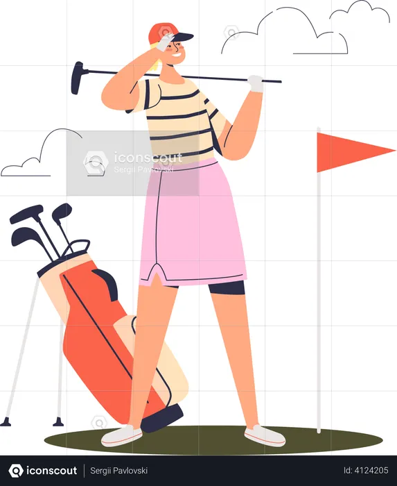 Professional female player hold golf club looking at ball hole flag at course  Illustration