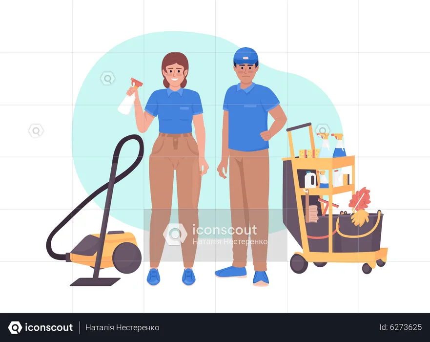 Professional janitors with cleaning equipment  Illustration