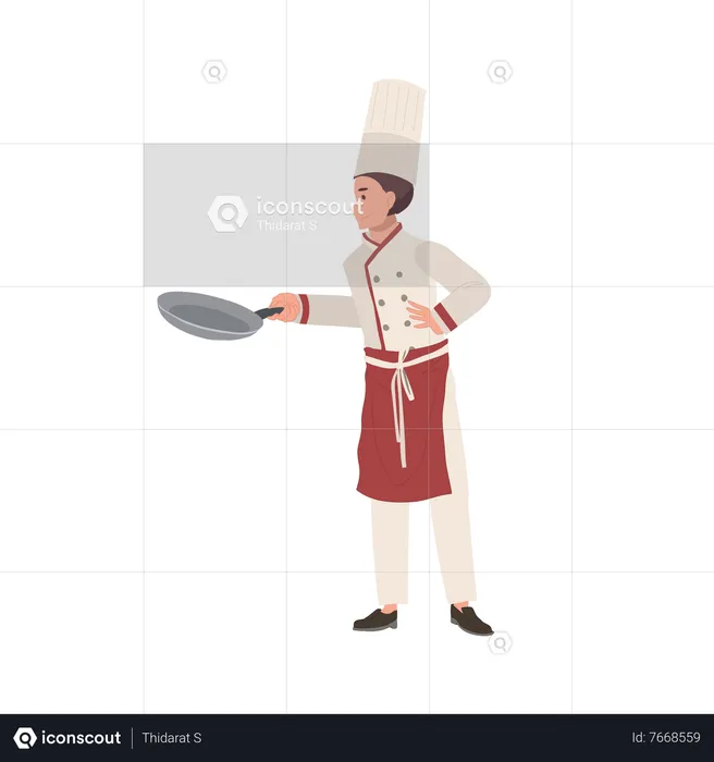 Professional Male Chef in Chef Hat Holding Pan  Illustration