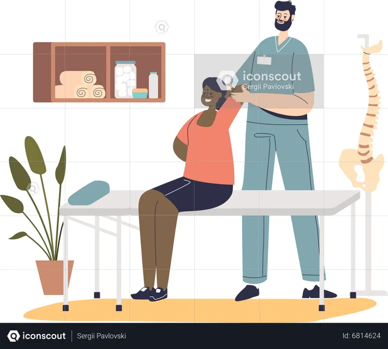 Professional male osteopath making massage to woman sitting on table.  Illustration