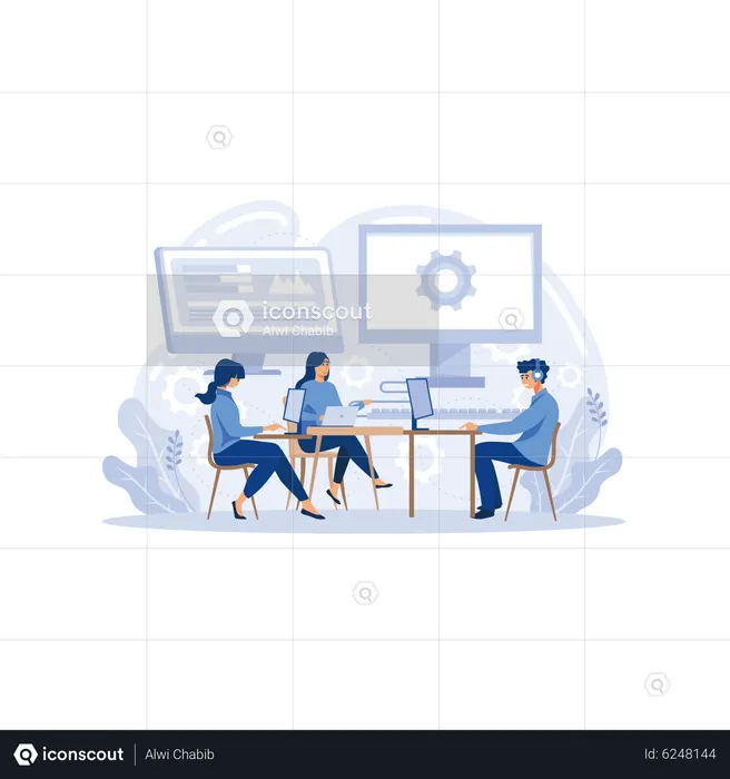 Professional people are working on coding in computer lab  Illustration