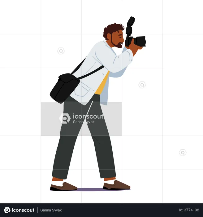 Professional Photographer with Photo Camera and Bag on Shoulder Making Picture  Illustration