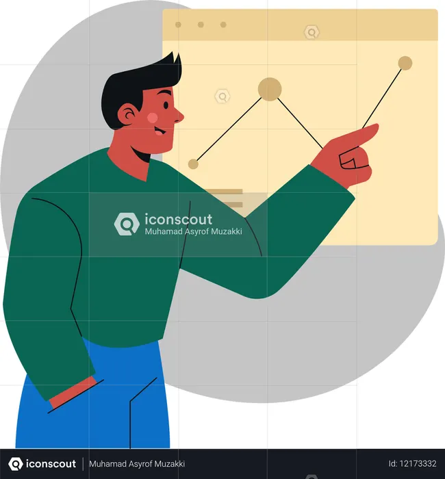 Professional Presenter Analyzing Data Trends on  Screen with Engaging Gestures for Audience Understanding  Illustration