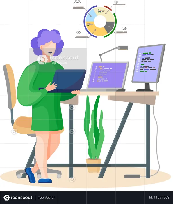 Professional programmer writing code for testing computer software  Illustration
