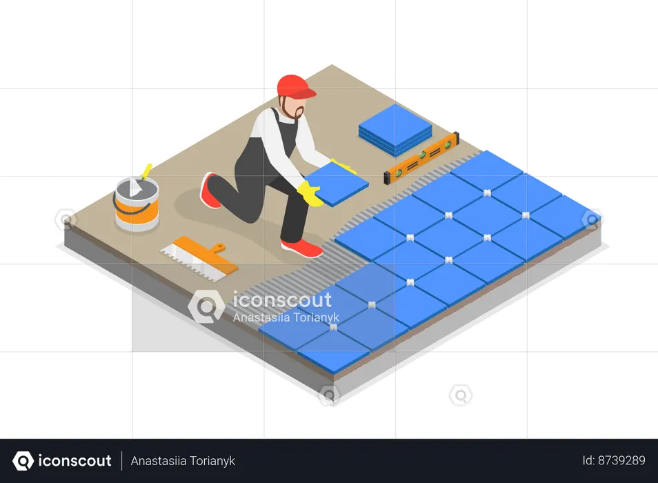 Professional Tiler doing Installing Ceramic Floor Tiles  Illustration