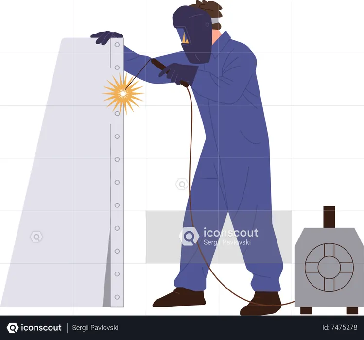 Professional welder in uniform and protective mask using arc machine for welding metal construction  Illustration