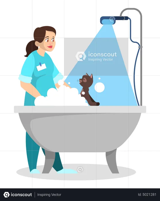 Professional worker in the uniform wash cat in veterinary  Illustration