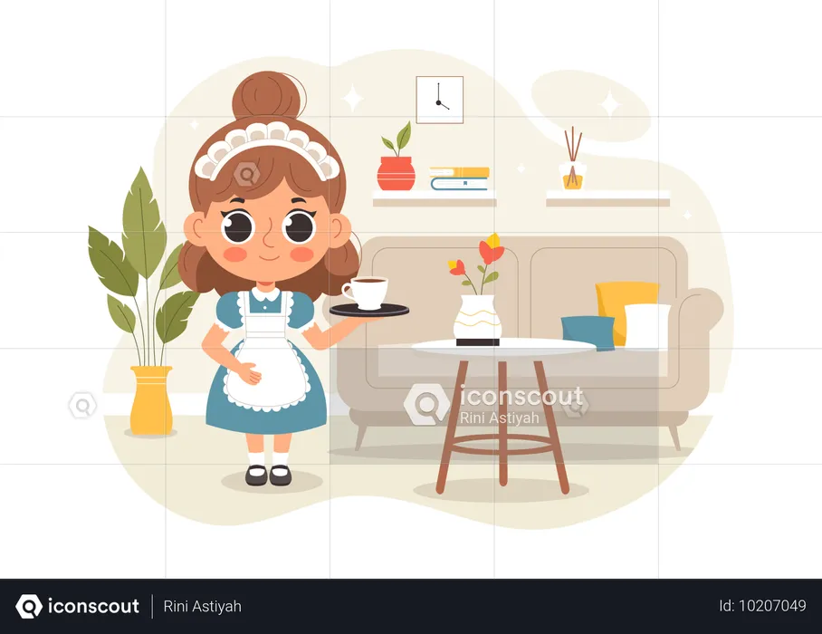 Professionelle Maid hält Teetasse  Illustration