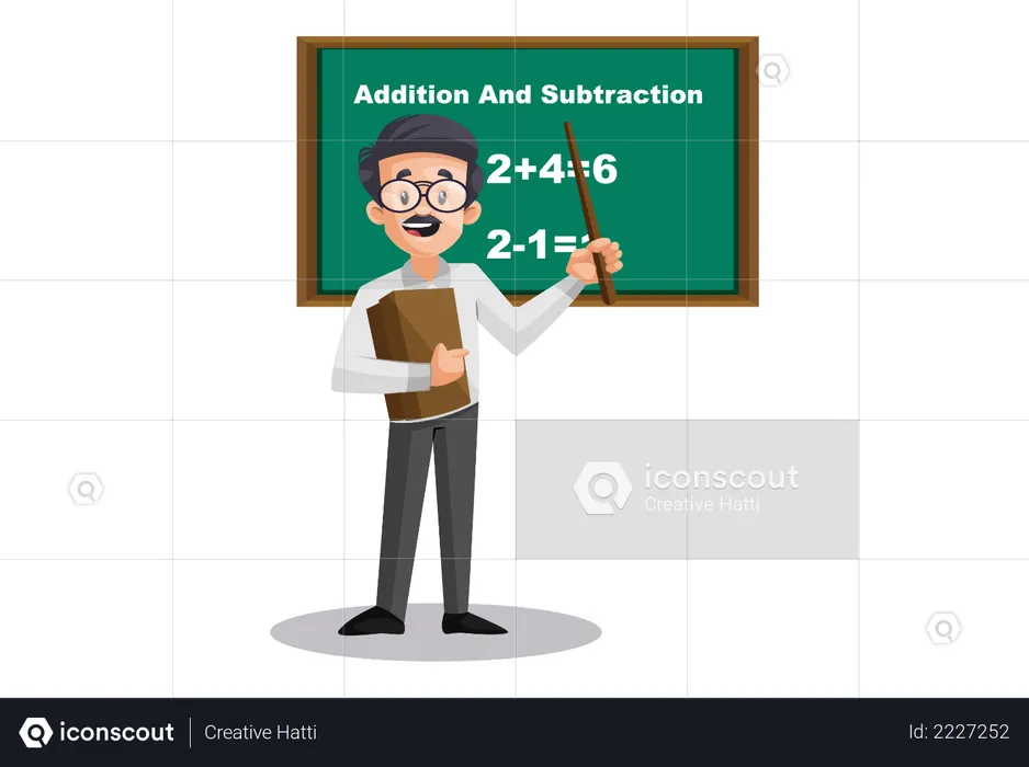 Professor de matemática ensinando adição e subtração a bordo  Ilustração