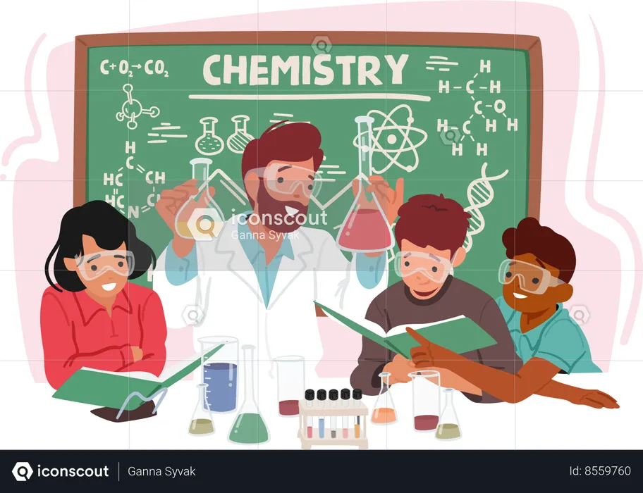 Professor de química entusiasmado envolve grupo de crianças ansiosas em uma sala de aula  Ilustração