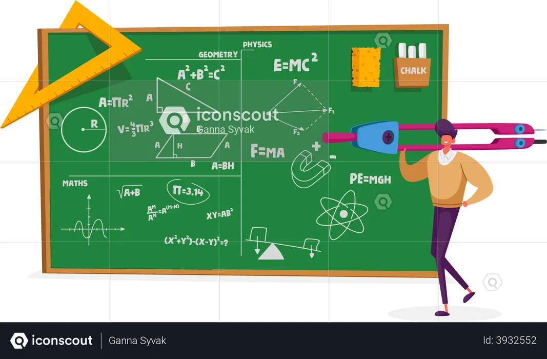 Professor ensinando fórmulas de geometria e física  Ilustração