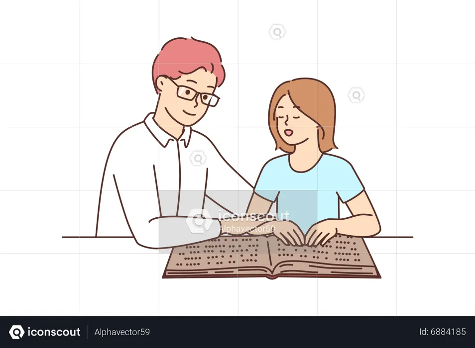 Professor helping blind child to read  Illustration
