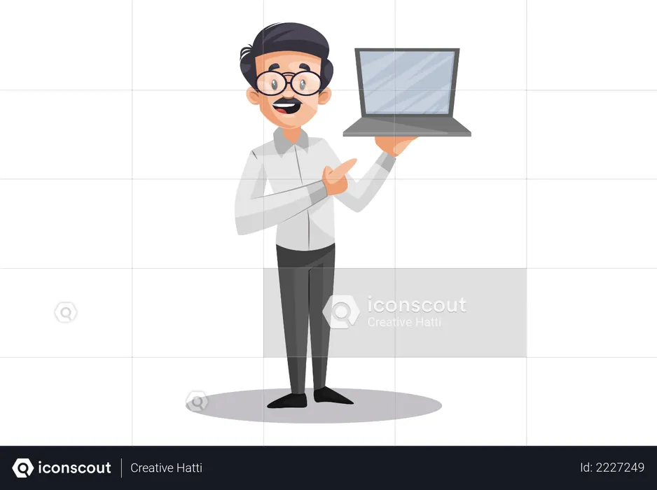 Professor masculino segurando laptop para educação on-line  Ilustração