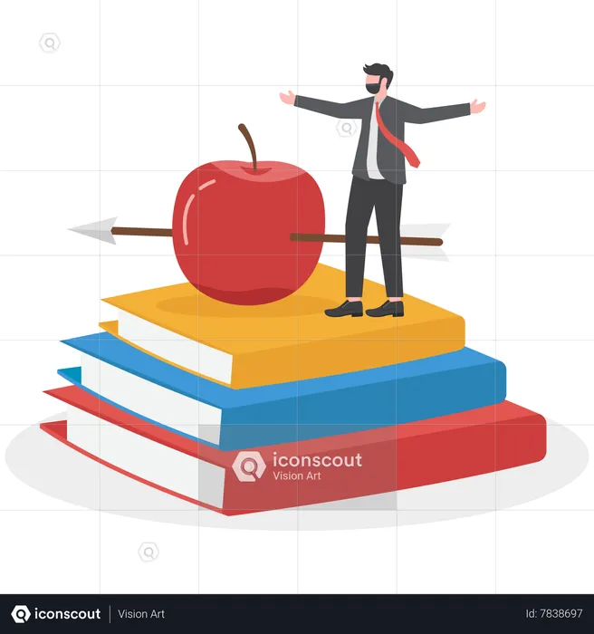 Professor waiting to teaching class standing with archery arrow hitting right on red apple on stack of text books  Illustration