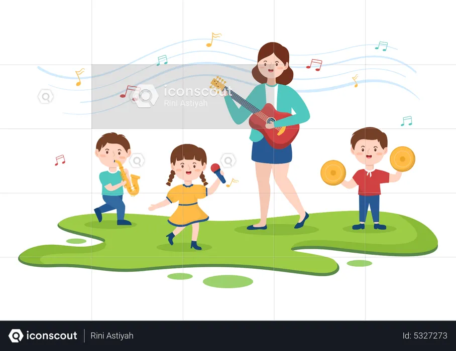 Professora de música ensinando aos alunos  Ilustração