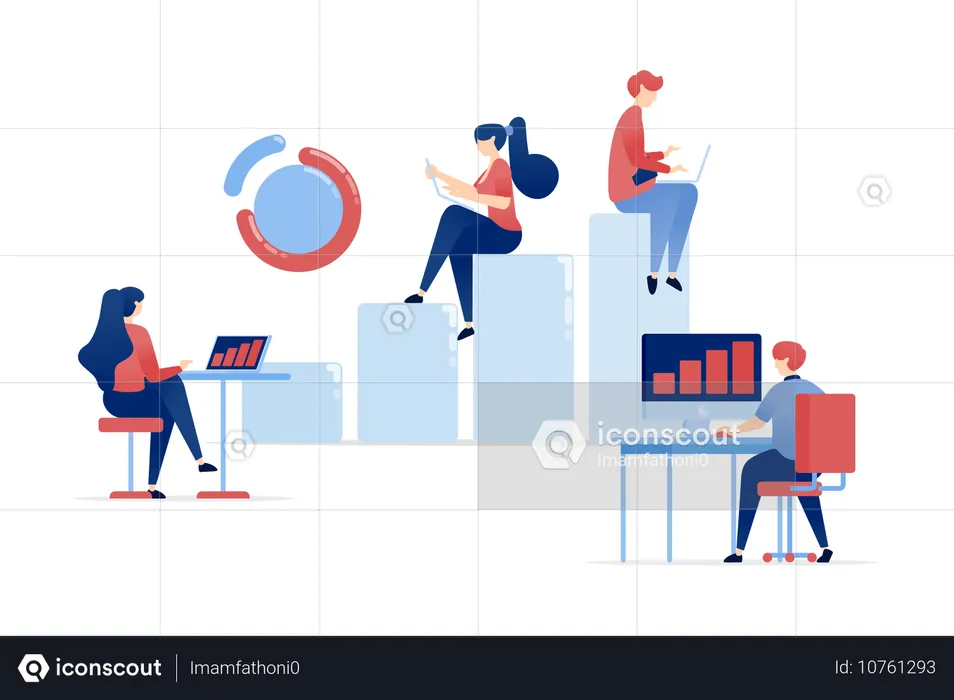 Profissionais sentam-se em gráficos de barras analisando melhorias de carreira e realizações financeiras para metas futuras  Ilustração