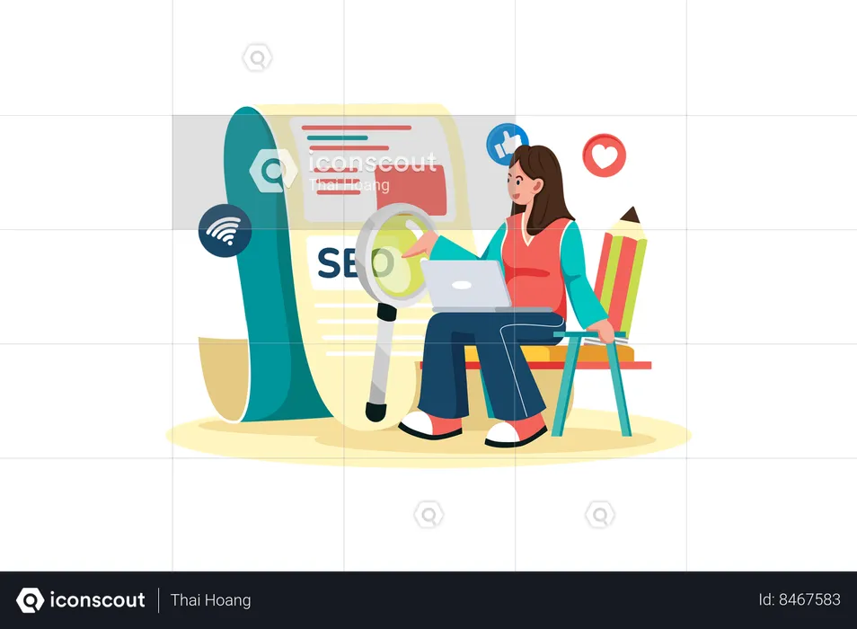 Profissional de marketing de conteúdo desenvolvendo plano de conteúdo com foco em SEO  Ilustração