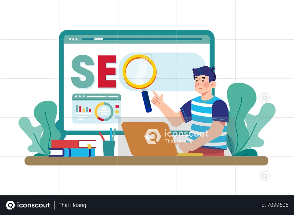 Profissional de marketing digital criando uma estratégia de SEO para um novo site  Ilustração