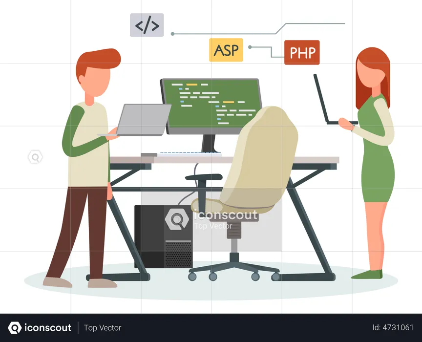 Programador masculino e feminino trabalhando juntos  Ilustração