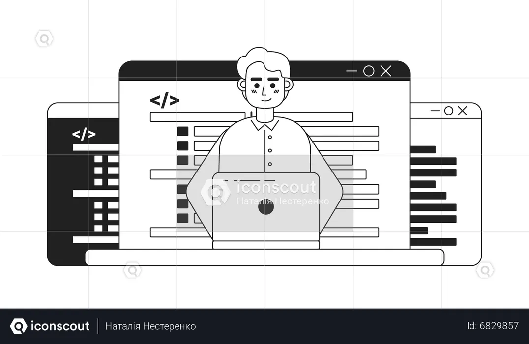 Programador masculino trabajando en una computadora portátil  Ilustración