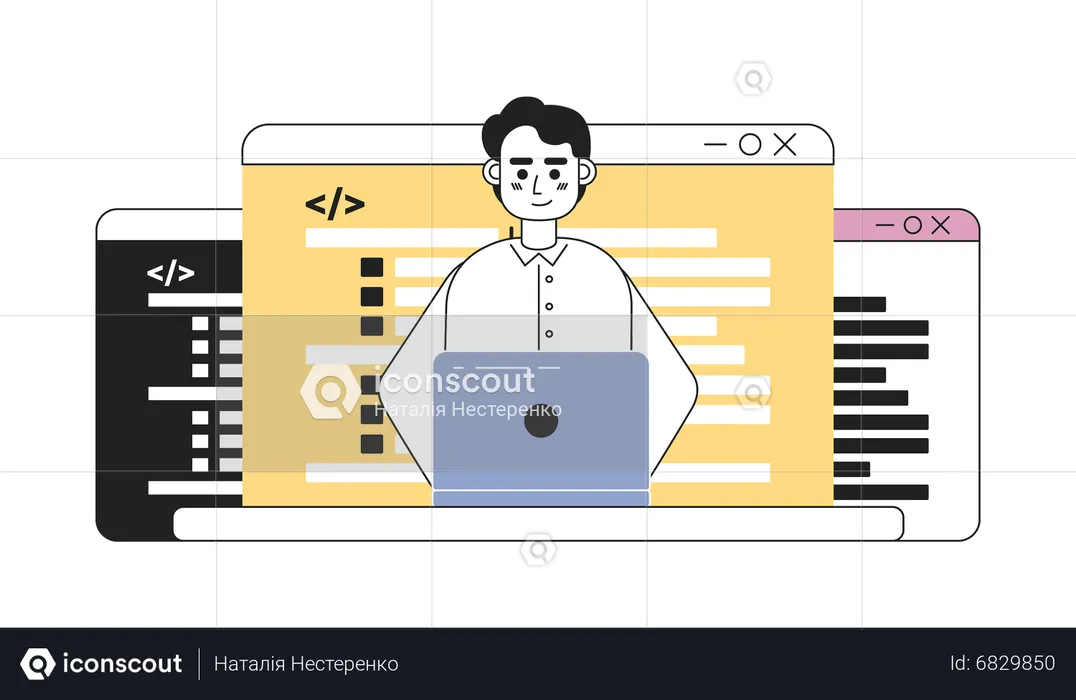Programador masculino trabajando en una computadora portátil  Ilustración