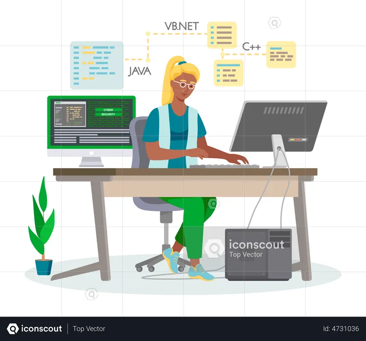 Programador trabalhando em desenvolvimento web no computador  Ilustração