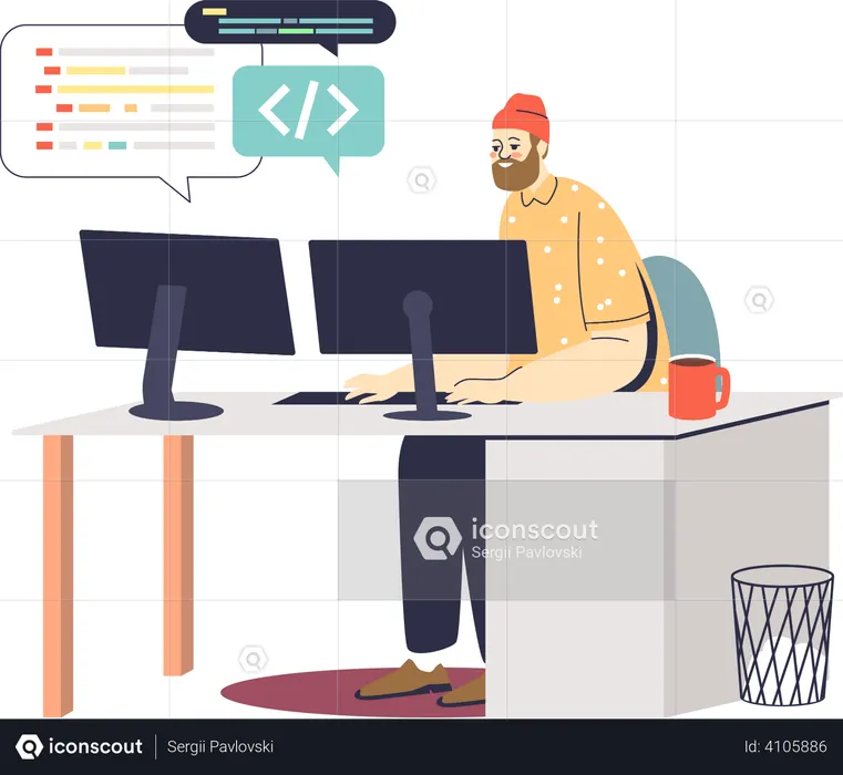 Programmer at workplace coding and developing new app  Illustration