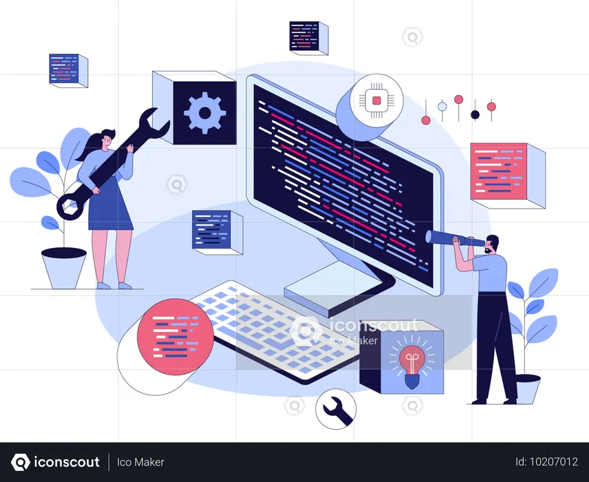 Programmer looking into spyglass program code on screen  Illustration