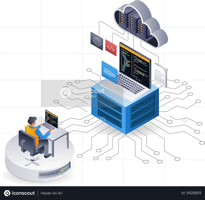 Programmer maintains technology cloud server  Illustration