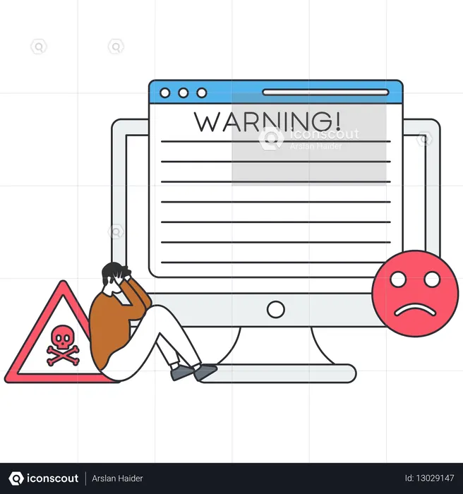 Programmer receiving warning message on computer screen and feeling stressed  Illustration