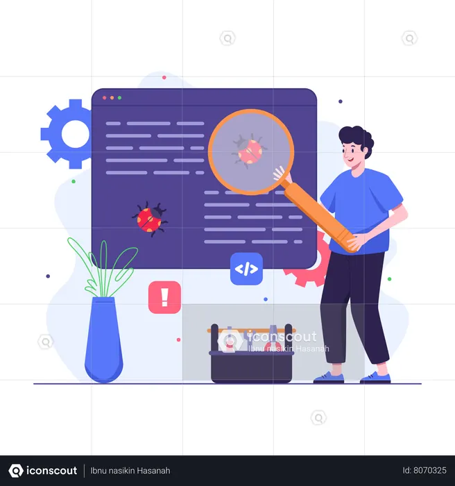 Programmer searching and doing bug fixing  Illustration