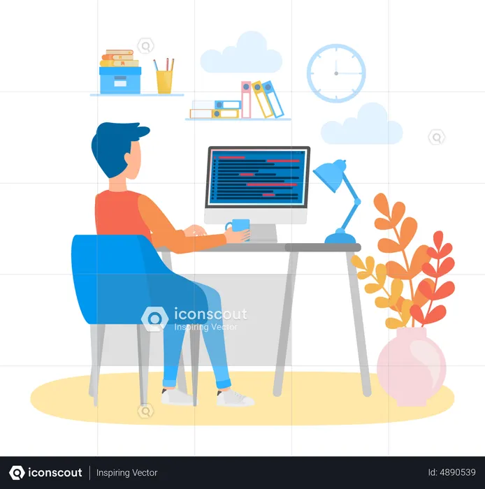 Programmer sitting at desk and working on computer  Illustration