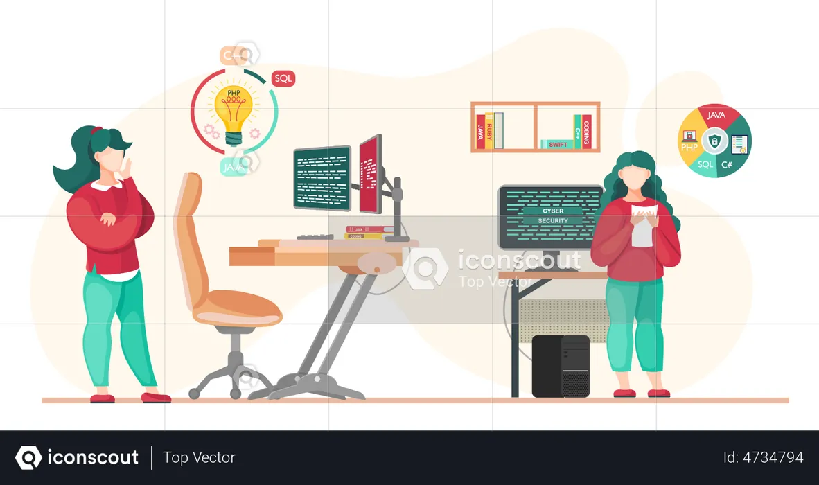 Programmer working on web development and cyber security  Illustration