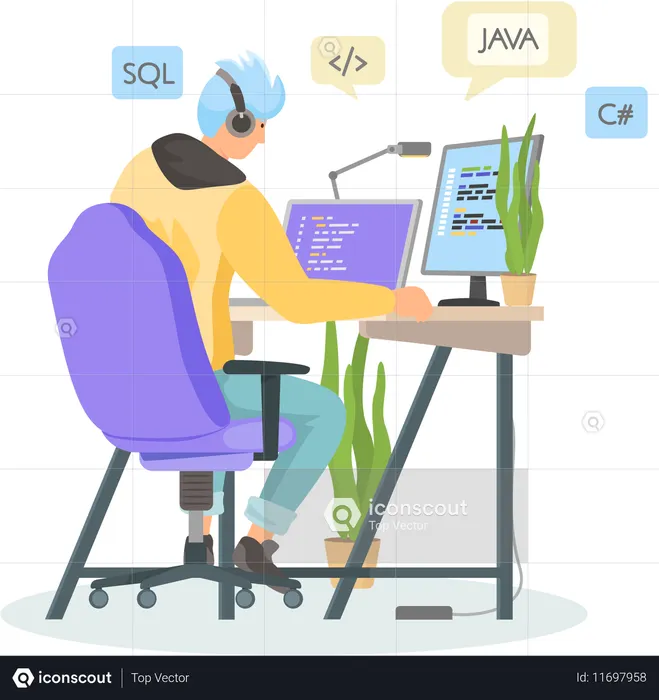 Programmer working on web development on computers  Illustration