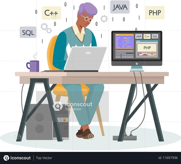 Programmer working on web development on computers  Illustration