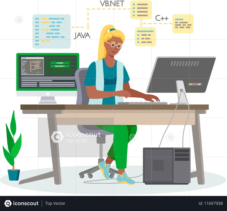 コンピューター上でウェブ開発に携わるプログラマー  イラスト