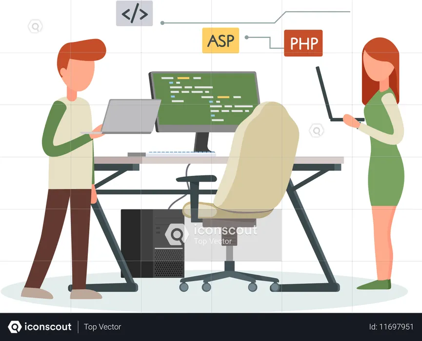 コンピューター上でウェブ開発に携わるプログラマー  イラスト